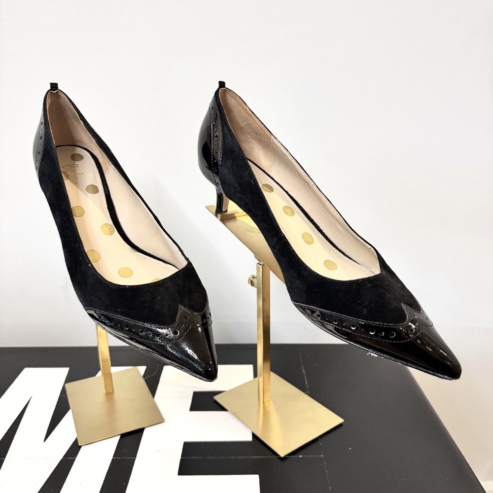 Boden Women’s Size 10, kitten heels,  Black suede, Patent Leather poindexter